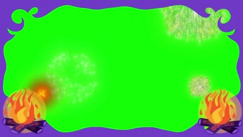 Animated campfire with fireworks exploding against green screen background with 库存影片 340940801