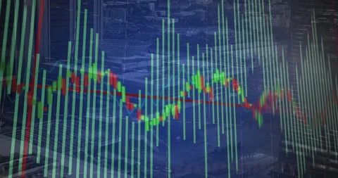 Animated candlestick chart sliding over blurred cityscape, displaying green red 库存影片 307428693