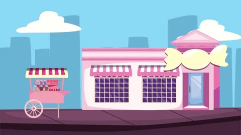 Animated candy shop and sweets cart on city street background with motion g.. Stock Footage 333718959