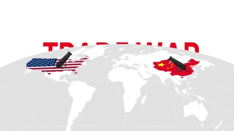 Animated Cannons fires on world map in US-CHINA Trade War Stock Footage 306505285