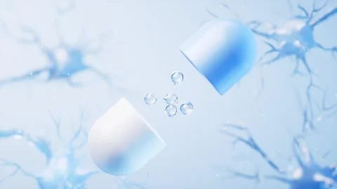 Animated capsule opens releasing molecular structure with blurred neuron ba.. Stock Footage 332338026