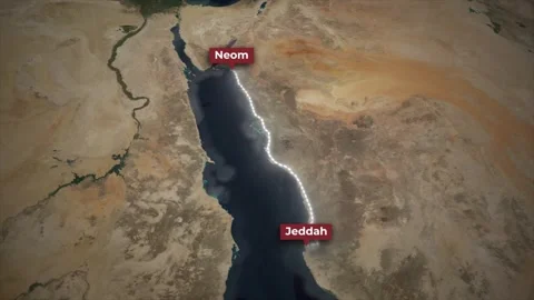Animated Car Travel Route Map from Jeddah to Neom on Satellite Background Stock Footage 341968971
