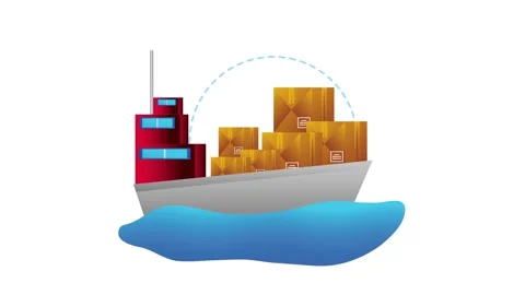 Animated cargo ship carrying delivery boxes on blue waves representing glob.. Stock Footage 333722459