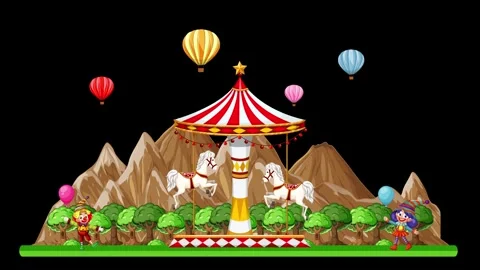 Animated Carnival Carousel with Hot Air Balloons and Mountain Background Stock Footage 331785744