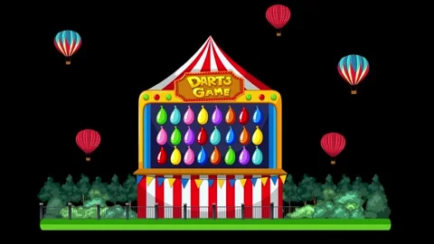 Animated Carnival Darts Game Booth with Hot Air Balloons Stock Footage 334989257