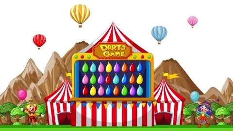 Animated Carnival Darts Game with Hot Air Balloons and Mountains Stock Footage 334769847