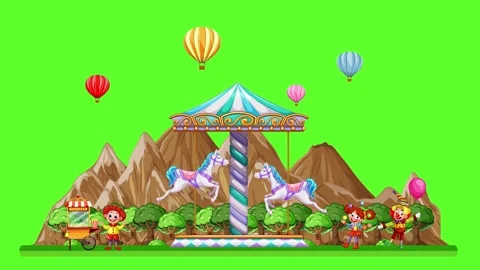 Animated Carnival Fairground with Carousel and Hot Air Balloons Stock Footage 335496025