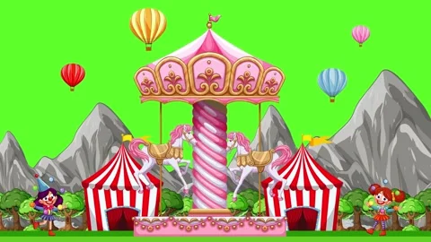 Animated Carnival Fairground with Carousel and Circus Tents on Green Screen Stock Footage 335909323