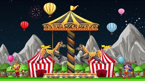 Animated Carnival Fairground Scene with Carousel and Fireworks at Night Stock Footage 335909374