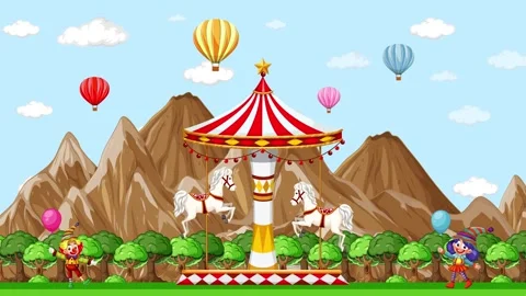 Animated Carnival Scene with Carousel and Hot Air Balloons in Mountains Stock Footage 331191314