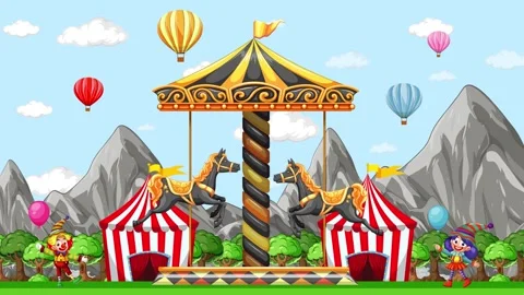 Animated Carnival Scene with Carousel and Hot Air Balloons in Daylight Stock Footage 331785818