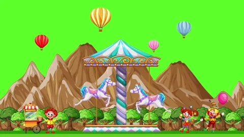 Animated Carnival Scene with Carousel and Hot Air Balloons on Green Screen Stock Footage 341298494
