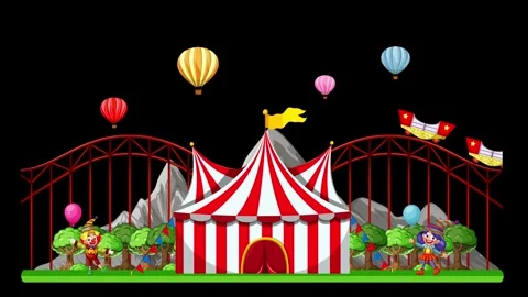 Animated Carnival Scene with Roller Coaster and Circus Tent on Black Background Stock Footage 332964503