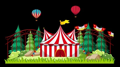 Animated Carnival Scene with Roller Coaster and Hot Air Balloons Stock Footage 333296643