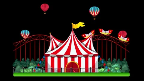 Animated Carnival Scene with Roller Coaster and Hot Air Balloons Stock Footage 335908893