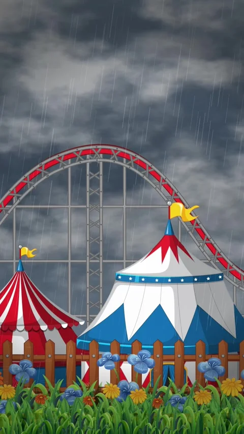 Animated Carnival Scene with Roller Coaster and Tents in Heavy Rain 스톡 동영상 341643661