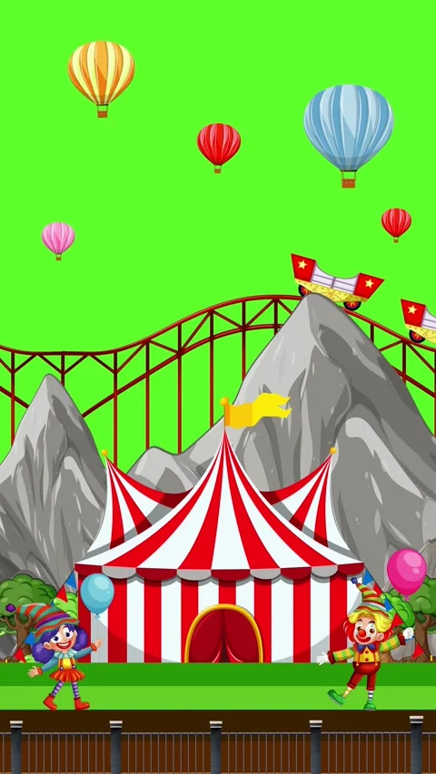 Animated Carnival Scene with Roller Coaster and Hot Air Balloons on Green Screen Vídeo Stock 341719785