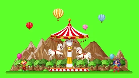 Animated Carousel with Horses and Hot Air Balloons on Green Screen Stock Footage 331785740