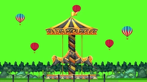 Animated Carousel with Horses and Hot Air Balloons on Green Screen Stock Footage 335608330