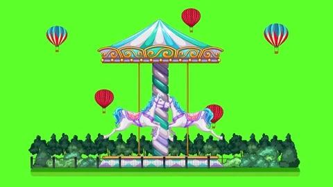 Animated Carousel with Horses and Hot Air Balloons on Green Screen Stock Footage 335909164