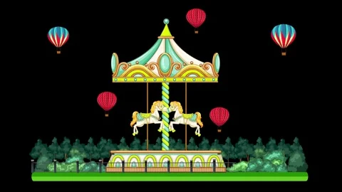 Animated Carousel with Horses and Hot Air Balloons at Night Stock Footage 346680130