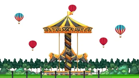 Animated Carousel with Spinning Horses and Hot Air Balloons in Park Stock Footage 331345344