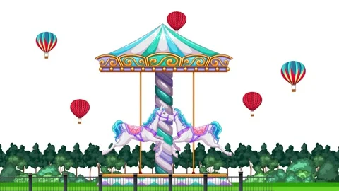 Animated Carousel with Spinning Horses and Floating Hot Air Balloons Stock Footage 334706896