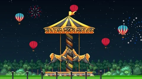 Animated Carousel Spinning at Night with Fireworks and Hot Air Balloons Stock Footage 331191394