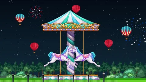 Animated Carousel Spinning at Night with Fireworks and Hot Air Balloons Stock Footage 333373891
