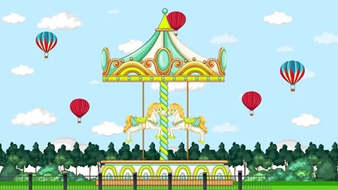 Animated Carousel Spinning in a Sunny Park with Hot Air Balloons Stock Footage 333160620