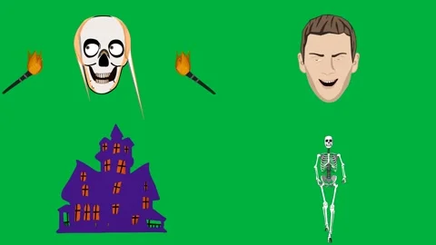 Animated cartoon 2d character green screen mask torch house skeleton. Stock Footage 310122899