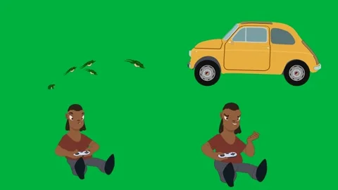 Animated cartoon 2d characters boy girl yellow car and brown bug on green. Stock Footage 310122826