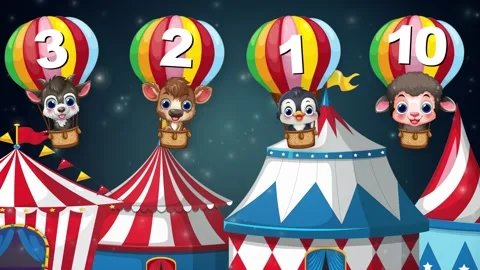 Animated Cartoon Animals Floating in Hot Air Balloons Over Circus Tents Stock Footage 340323913