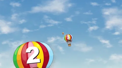 Animated Cartoon Animals Floating in Numbered Hot Air Balloons Over Clouds Stock Footage 344835095