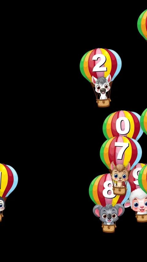 Animated Cartoon Animals in Numbered Hot Air Balloons Floating Upward Stock Footage 341558024