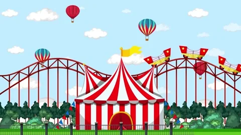 Animated cartoon background of a circus with a roller coaster and hot air b.. Stock Footage 334318087