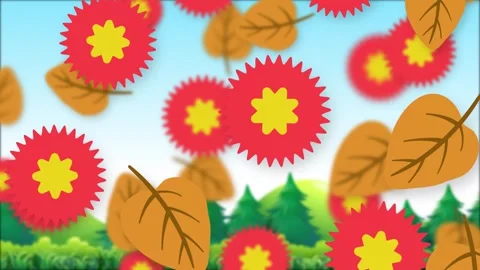 Animated Cartoon Background with Falling Autumn Leaves and Red Flowers Stock Footage 345297218