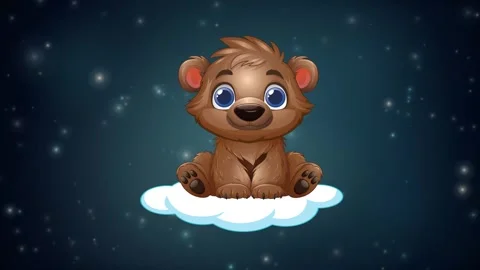 Animated Cartoon Bear Cub Floating on Cloud in Starry Night Sky Stock Footage 344518692