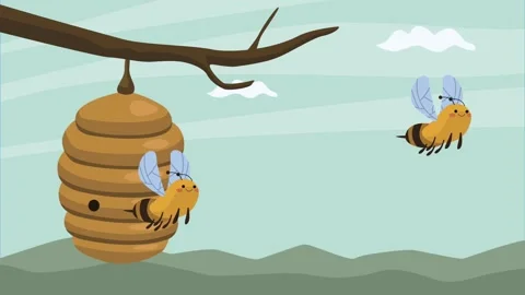 Animated cartoon beehive hanging on tree branch with happy flying bees in s.. 스톡 동영상 338423380