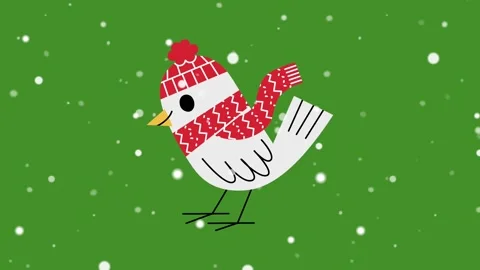 Animated cartoon bird in red hat and scarf standing in snowfall Video stock 317301043