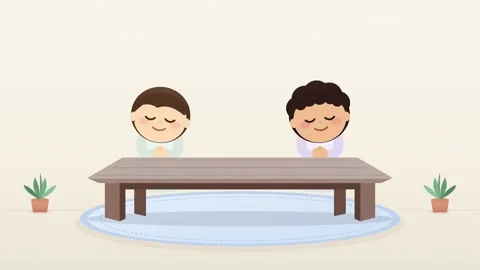 Animated cartoon boys sitting at a table and praying with eyes closed. 4K 库存影片 344846127