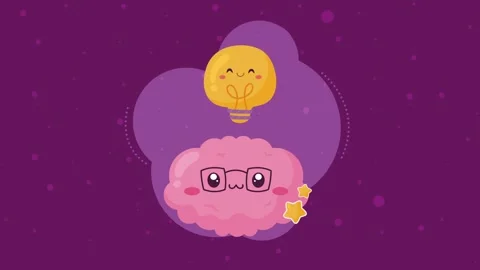 Animated cartoon brain with light bulb idea popping up on purple background.. 스톡 동영상 339112369