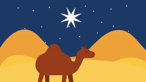 Animated cartoon camel walking across desert dunes under bright night star .. Stock Footage 339115845
