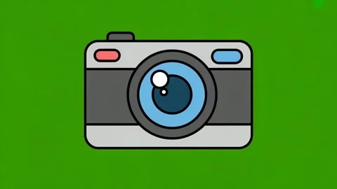Animated cartoon camera icon with blue lens and red button on green screen .. Stock Footage 320816684