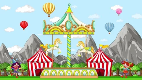 Animated Cartoon Carnival with Spinning Carousel and Hot Air Balloons Stock Footage 335909228