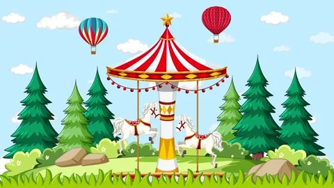 Animated Cartoon Carousel Spinning in a Forest with Hot Air Balloons Stock Footage 331345217