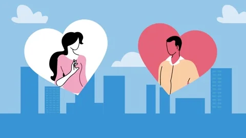 Animated cartoon characters of man and woman standing inside hearts above c.. 库存影片 339049053