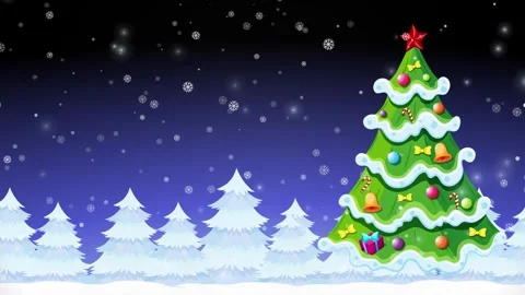Animated Cartoon Christmas Tree with Falling Snow in Winter Night Sky Stock Footage 342320024