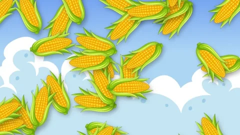 Animated Cartoon Corn Cobs Falling Against a Blue Sky with Clouds Stock Footage 339529210