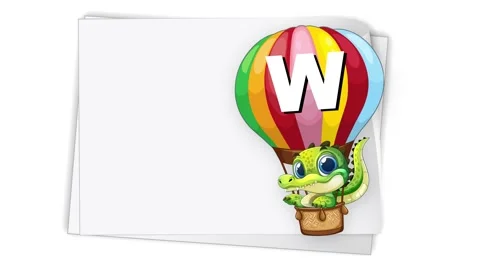 Animated Cartoon Crocodile in Hot Air Balloon Floating Past White Paper Stock Footage 340260159